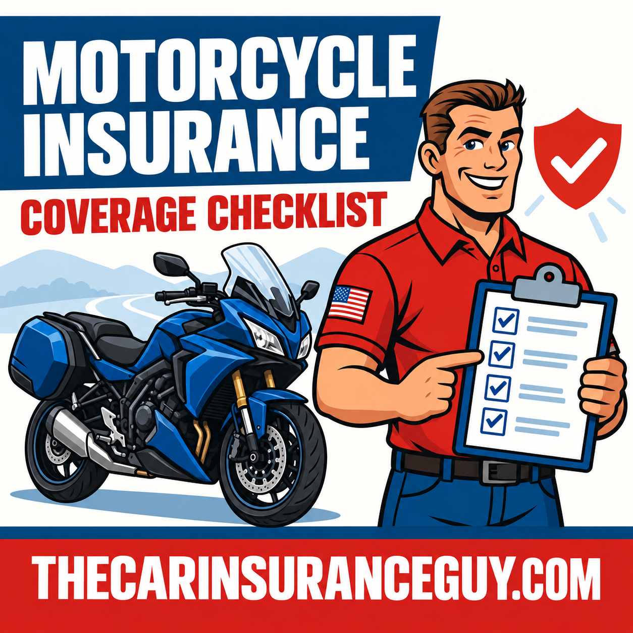 Illustration of a rider, motorcycle, and coverage checklist
