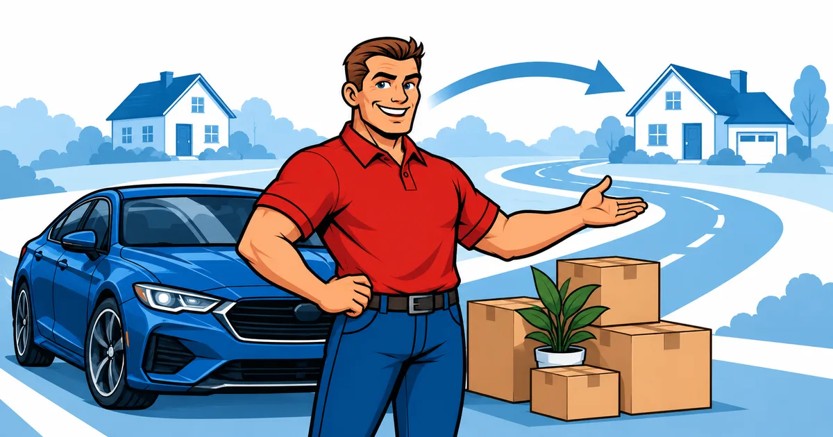Insurance guide with a blue car and moving boxes between two homes