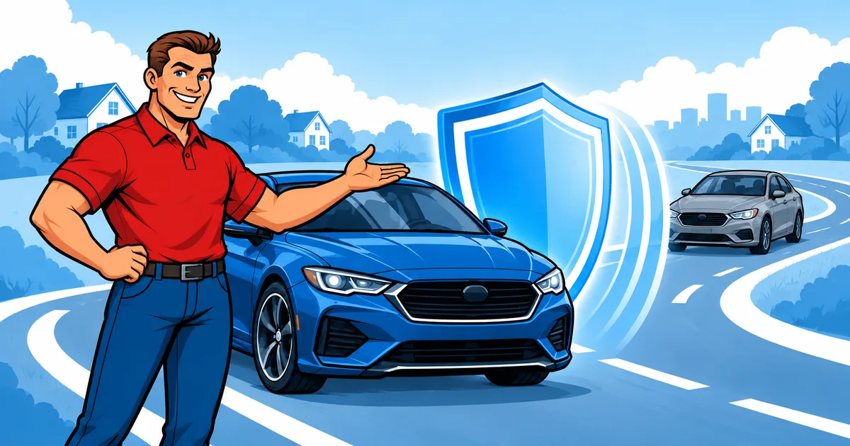 Insurance guide, blue car, and protective shield between two vehicles